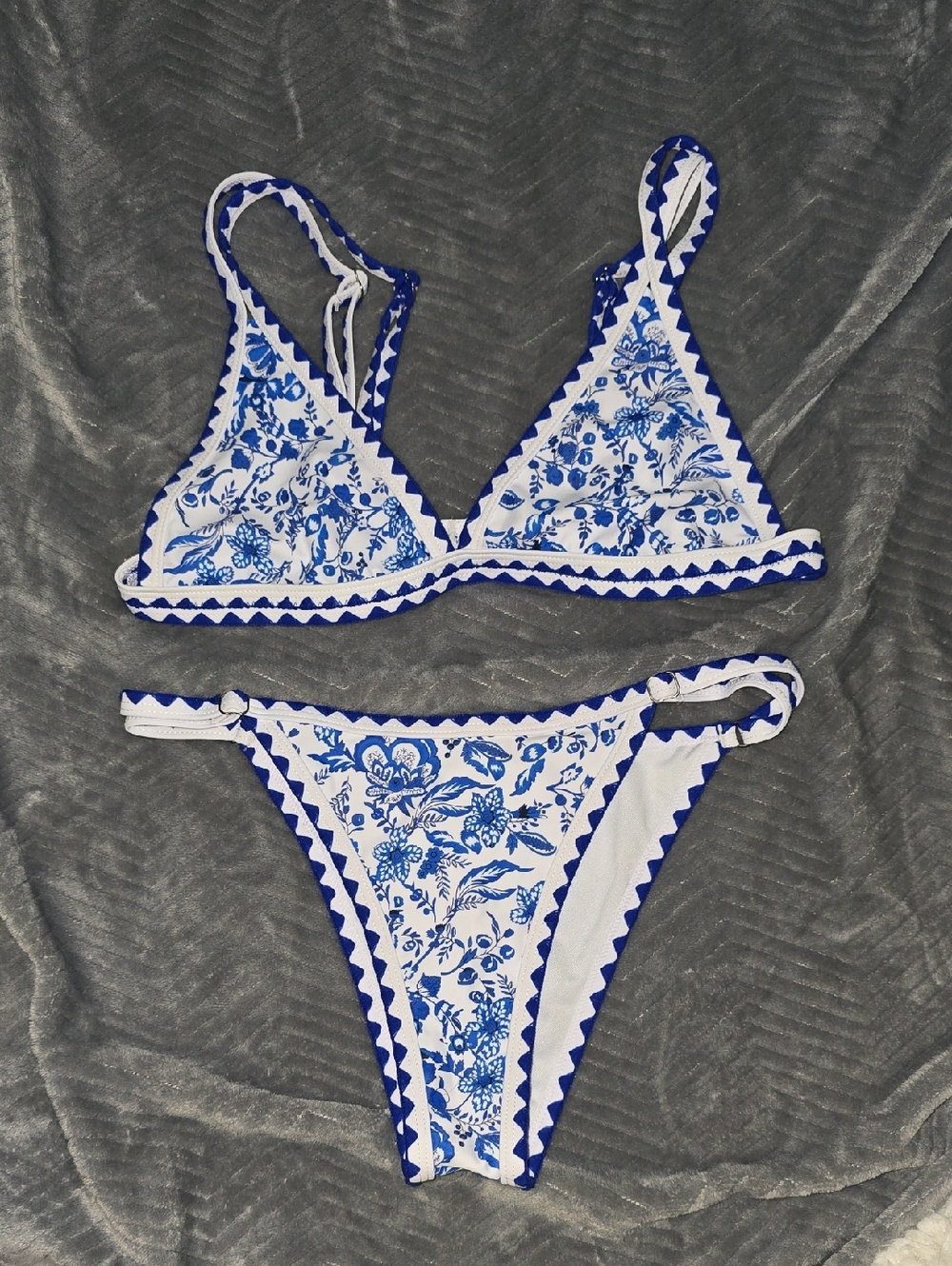 SHEIN White and Blue Floral Triangle Bikini Set